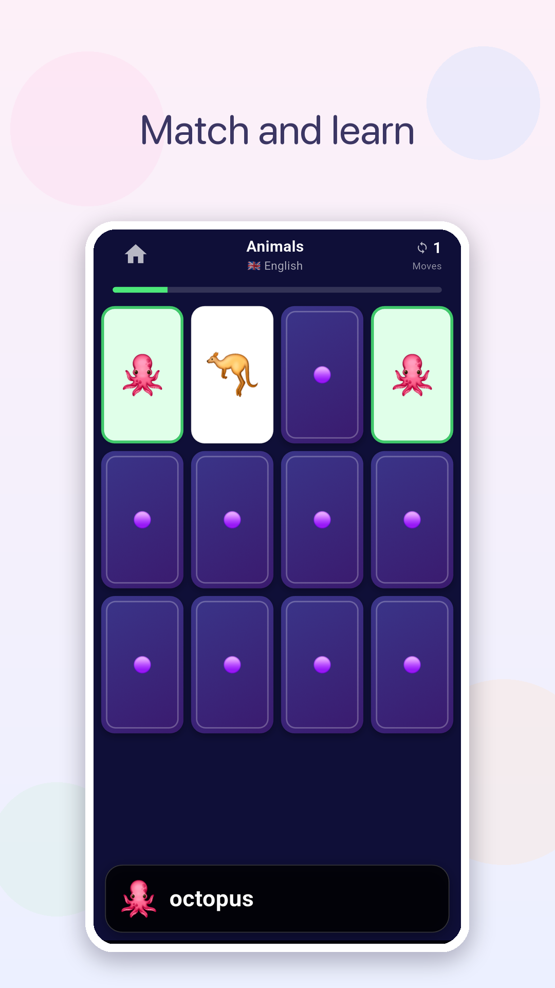 English vocabulary card-matching game for children showing animal cards