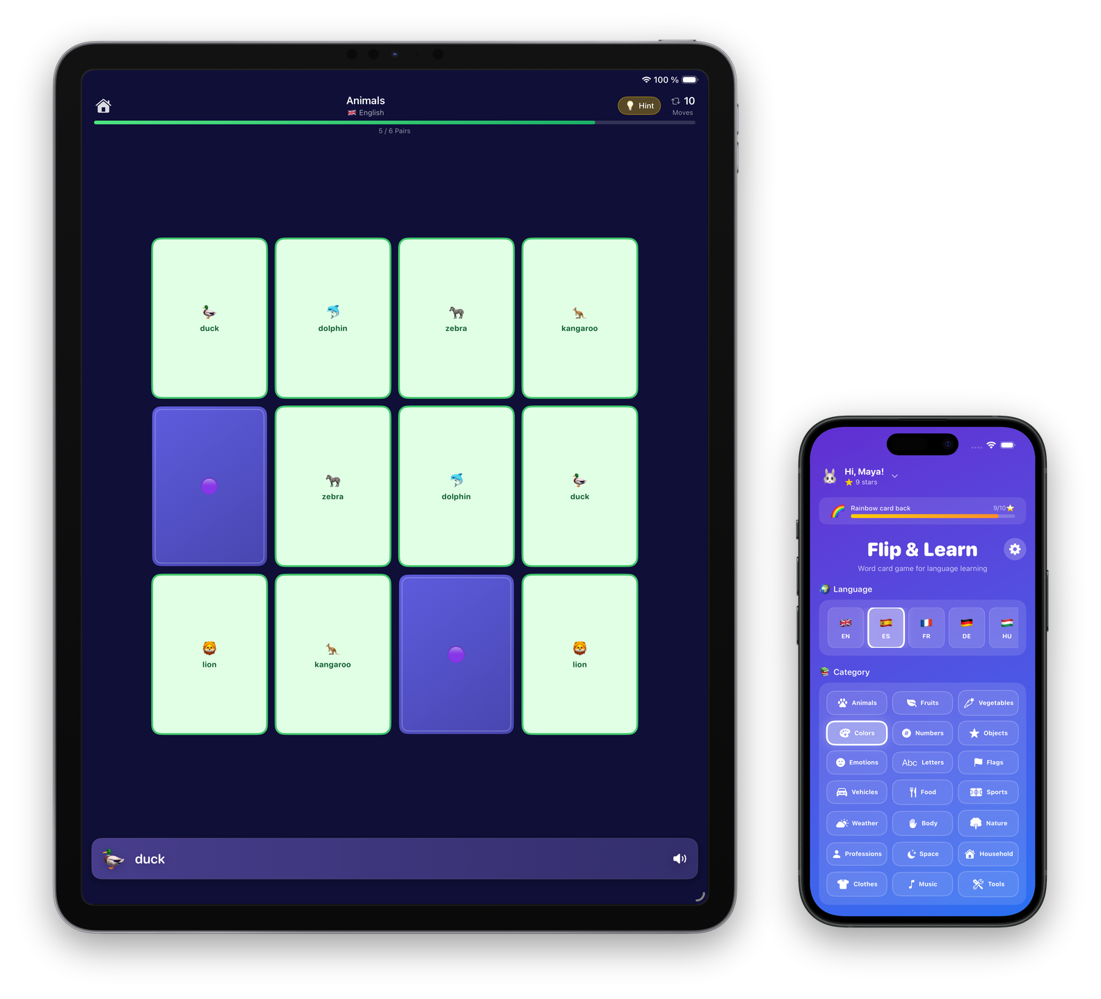 Flip & Learn app on iPhone and iPad, showing the language and category picker on the phone and an animal vocabulary matching game on the tablet