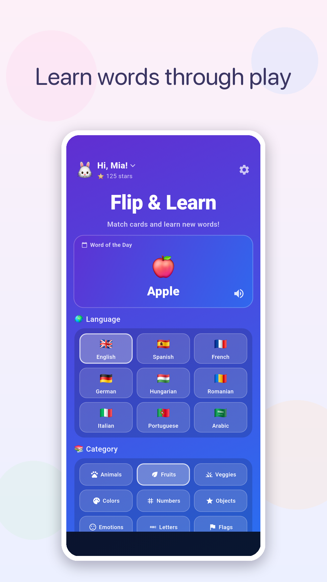 Flip & Learn home screen in English showing 21 vocabulary categories for kids