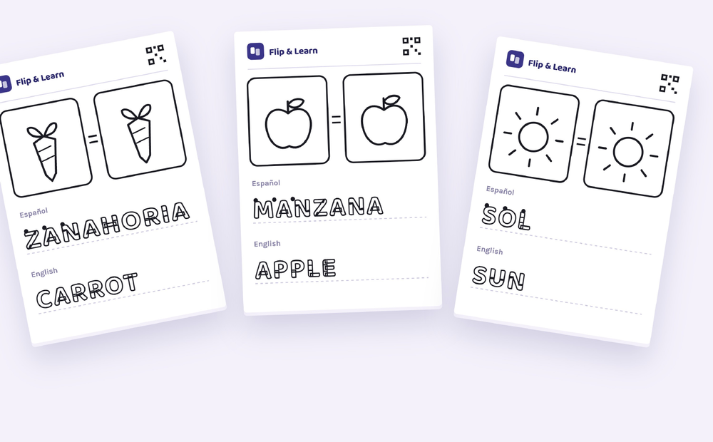 Tres fichas Flip & Learn con una zanahoria, una manzana y un sol para colorear, y las palabras ZANAHORIA, MANZANA y SOL en español y CARROT, APPLE y SUN en inglés