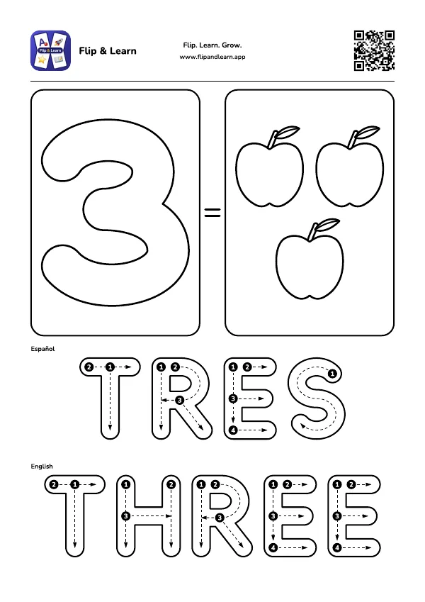 Ficha para colorear y escribir: TRES y THREE
