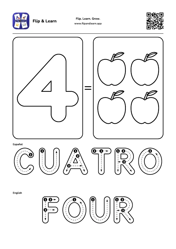 Ficha para colorear y escribir: CUATRO y FOUR