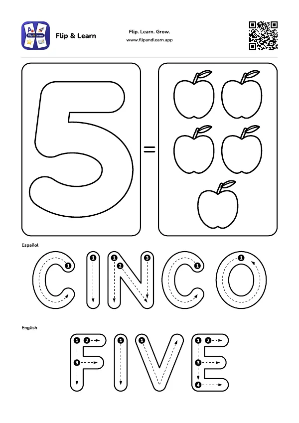 Ficha para colorear y escribir: CINCO y FIVE