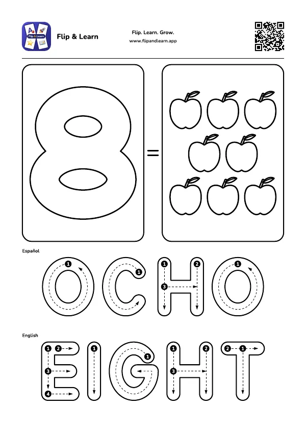 Ficha para colorear y escribir: OCHO y EIGHT