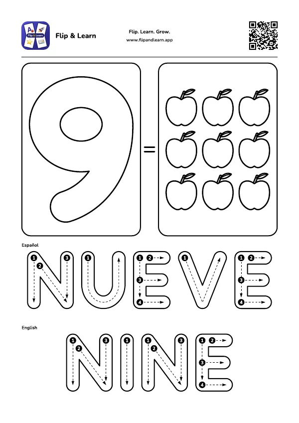 Ficha para colorear y escribir: NUEVE y NINE