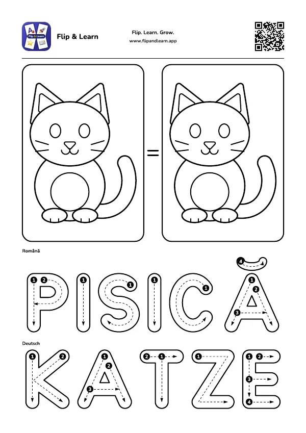 Fișă de colorat Pisică cu exercițiu de scriere pentru PISICĂ și KATZE