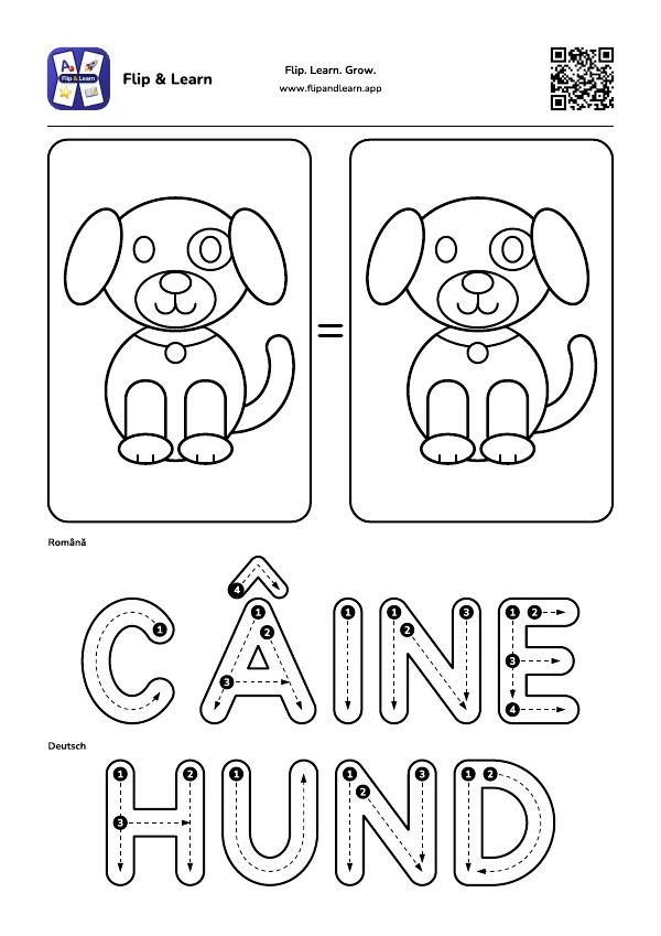 Fișă de colorat Câine cu exercițiu de scriere pentru CÂINE și HUND