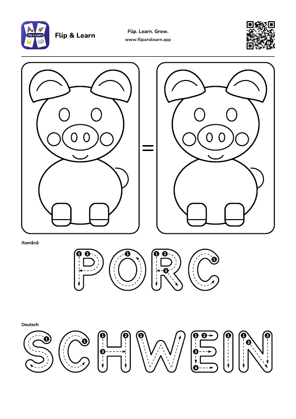 Fișă de colorat Porc cu exercițiu de scriere pentru PORC și SCHWEIN