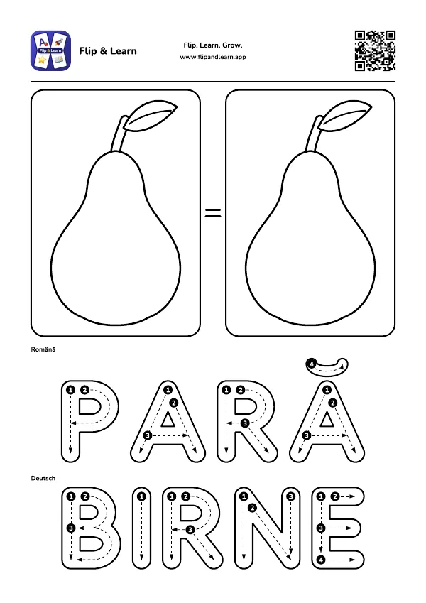 Fișă de colorat Pară cu exercițiu de scriere pentru PARĂ și BIRNE