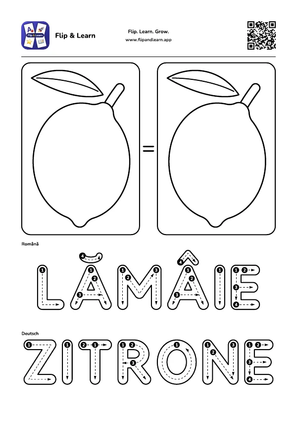 Fișă de colorat Lămâie cu exercițiu de scriere pentru LĂMÂIE și ZITRONE