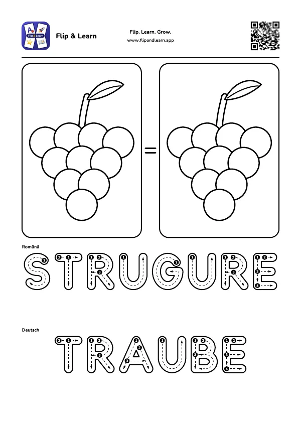Fișă de colorat Strugure cu exercițiu de scriere pentru STRUGURE și TRAUBE