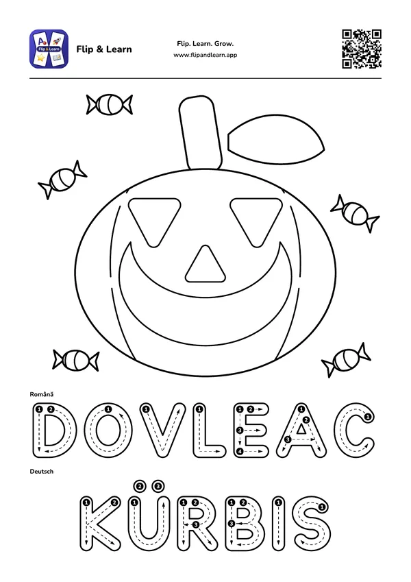 Fișă de colorat Dovleac cu exercițiu de scriere pentru DOVLEAC și KÜRBIS