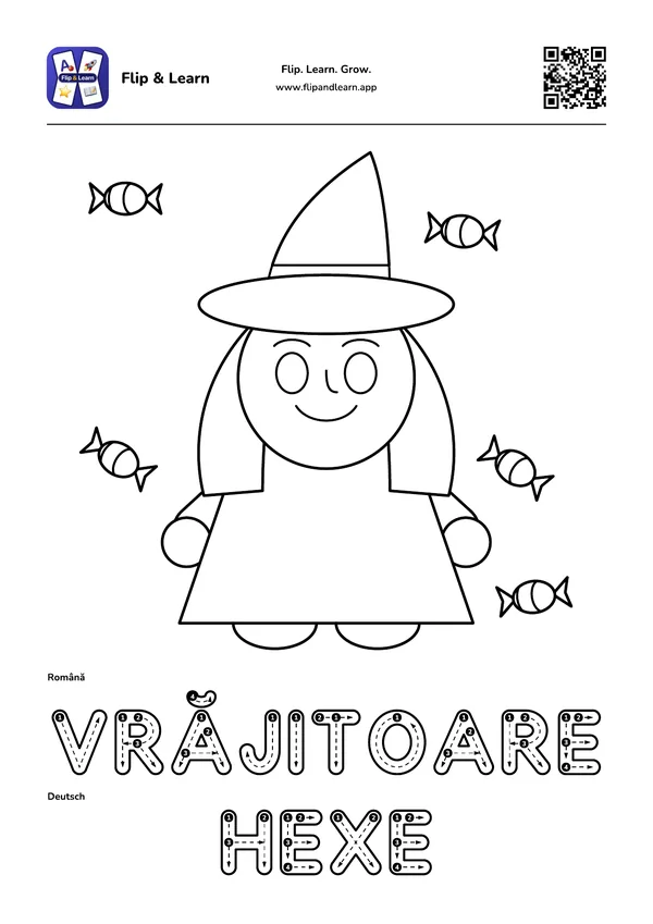 Fișă de colorat Vrăjitoare cu exercițiu de scriere pentru VRĂJITOARE și HEXE
