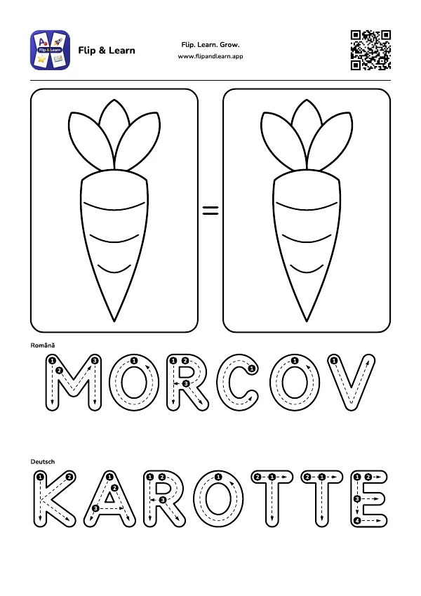 Fișă de colorat Morcov cu exercițiu de scriere pentru MORCOV și KAROTTE