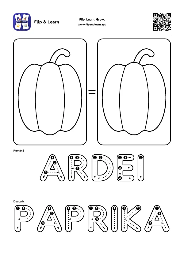 Fișă de colorat Ardei cu exercițiu de scriere pentru ARDEI și PAPRIKA