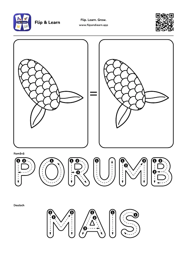 Fișă de colorat Porumb cu exercițiu de scriere pentru PORUMB și MAIS