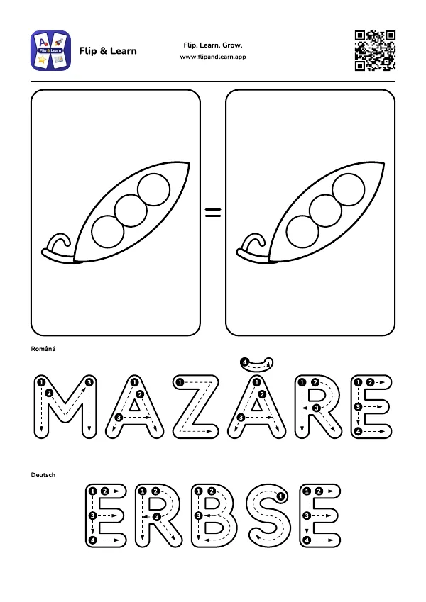 Fișă de colorat Mazăre cu exercițiu de scriere pentru MAZĂRE și ERBSE