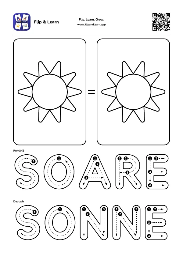 Fișă de colorat Soare cu exercițiu de scriere pentru SOARE și SONNE