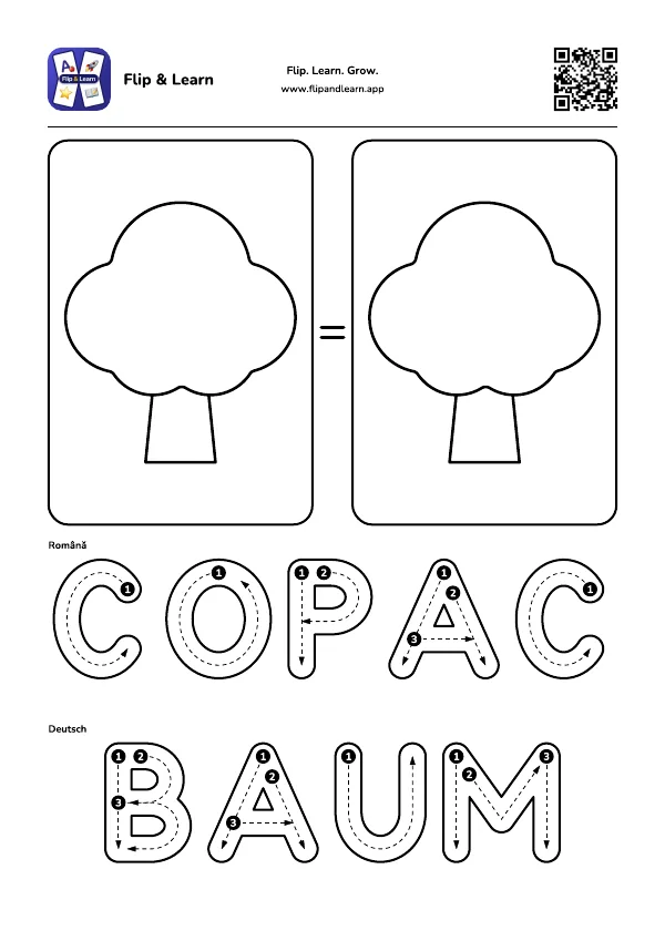 Fișă de colorat Copac cu exercițiu de scriere pentru COPAC și BAUM