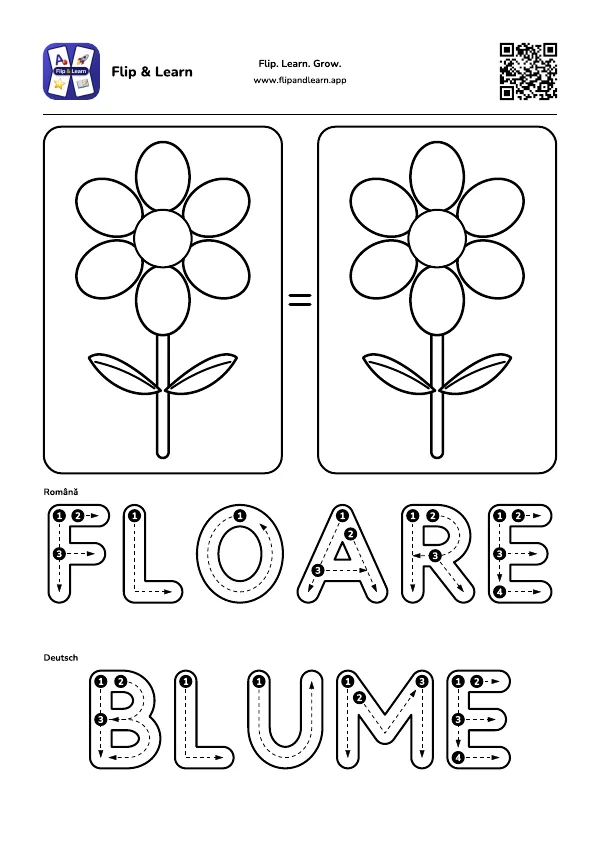 Fișă de colorat Floare cu exercițiu de scriere pentru FLOARE și BLUME