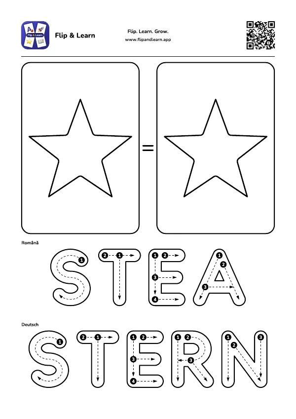 Fișă de colorat Stea cu exercițiu de scriere pentru STEA și STERN