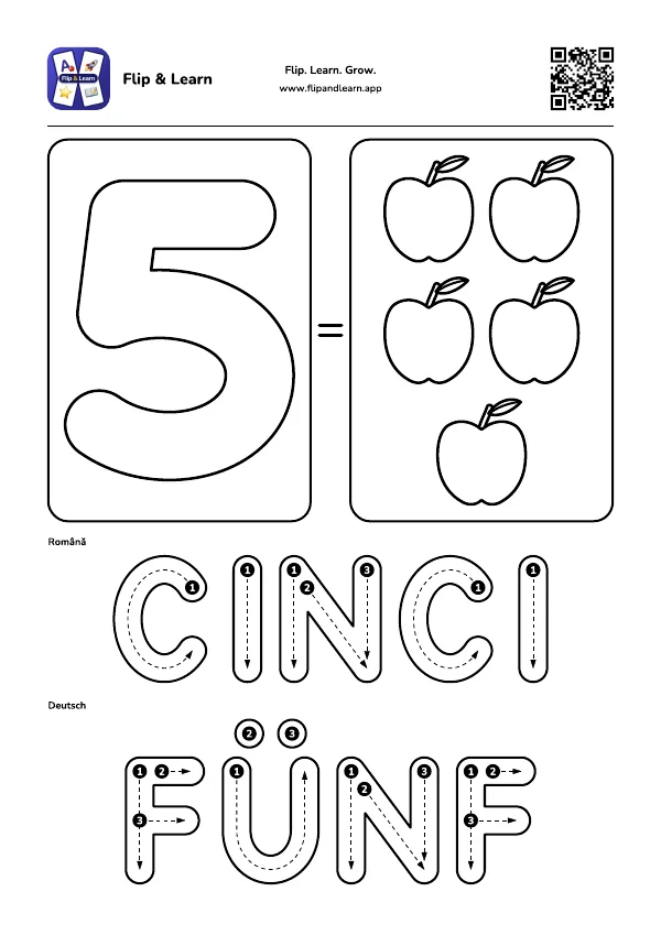 Fișă de colorat Cinci cu exercițiu de scriere pentru CINCI și FÜNF