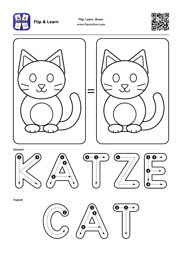 Ausmalbild Katze mit Schreibübung für KATZE und CAT