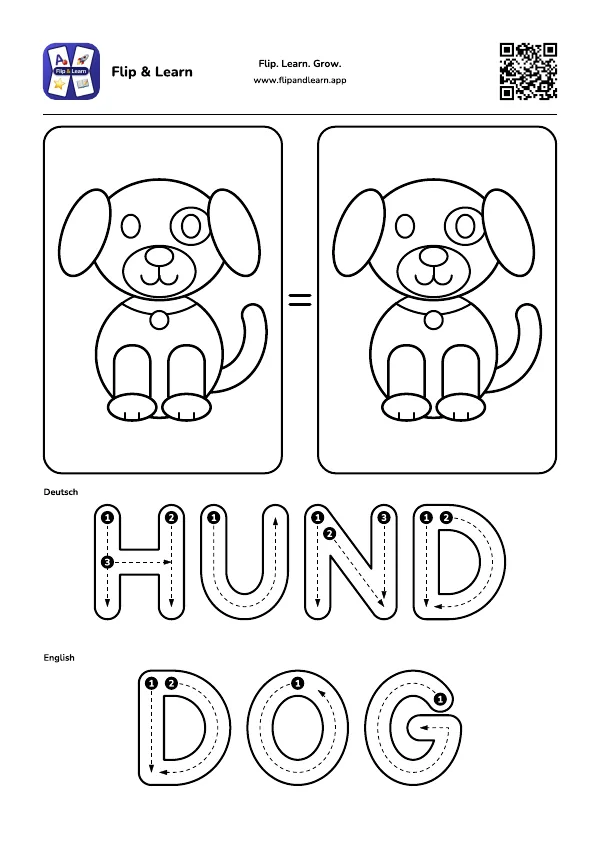 Ausmalbild Hund mit Schreibübung für HUND und DOG