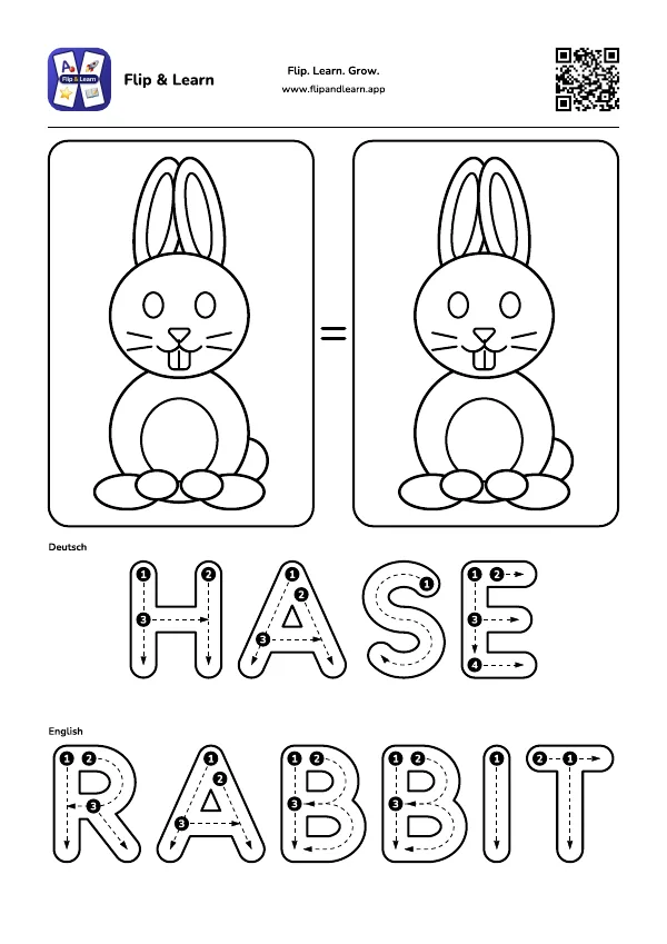 Ausmalbild Hase mit Schreibübung für HASE und RABBIT