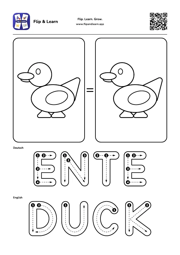 Ausmalbild Ente mit Schreibübung für ENTE und DUCK