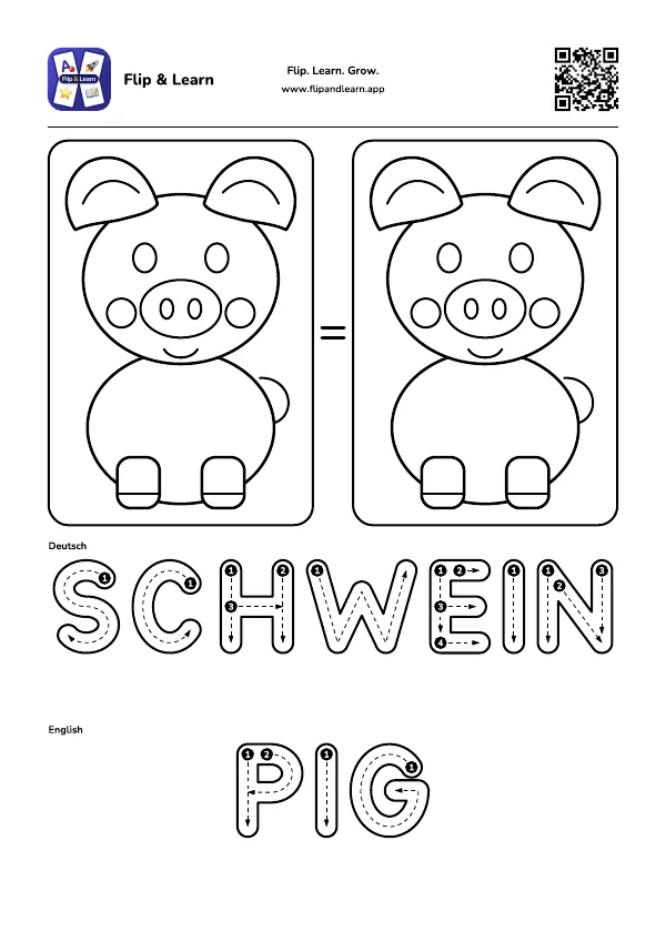 Ausmalbild Schwein mit Schreibübung für SCHWEIN und PIG