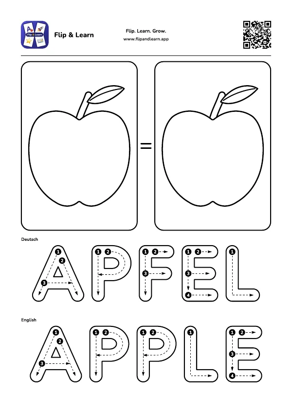Ausmalbild Apfel mit Schreibübung für APFEL und APPLE