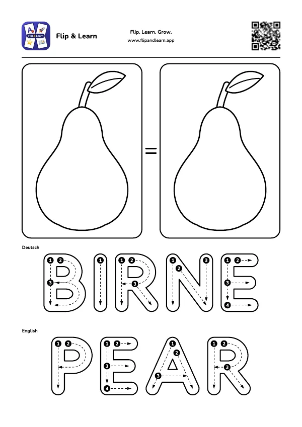Ausmalbild Birne mit Schreibübung für BIRNE und PEAR