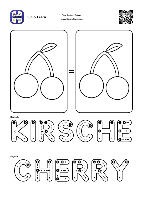 Ausmalbild Kirsche mit Schreibübung für KIRSCHE und CHERRY