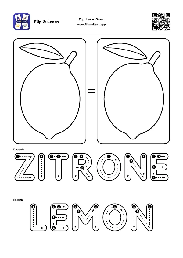 Ausmalbild Zitrone mit Schreibübung für ZITRONE und LEMON