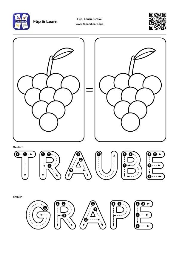 Ausmalbild Traube mit Schreibübung für TRAUBE und GRAPE