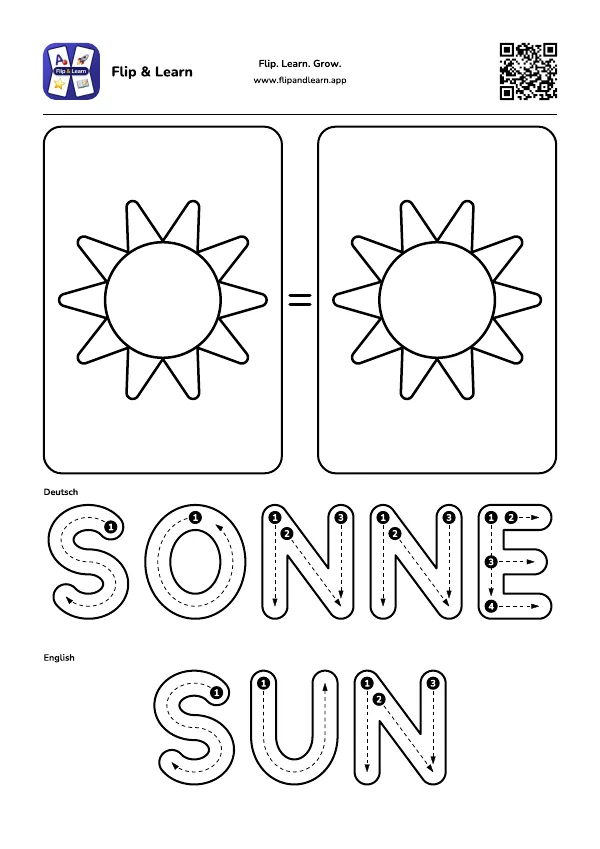 Ausmalbild Sonne mit Schreibübung für SONNE und SUN
