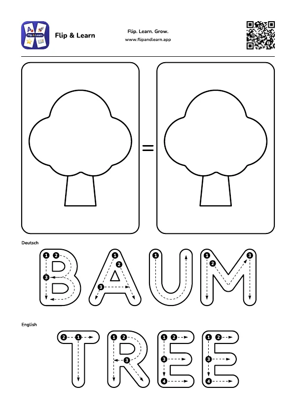 Ausmalbild Baum mit Schreibübung für BAUM und TREE
