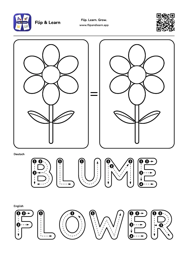 Ausmalbild Blume mit Schreibübung für BLUME und FLOWER