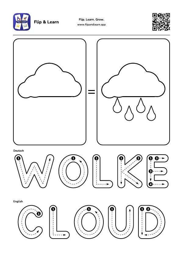 Ausmalbild Wolke mit Schreibübung für WOLKE und CLOUD