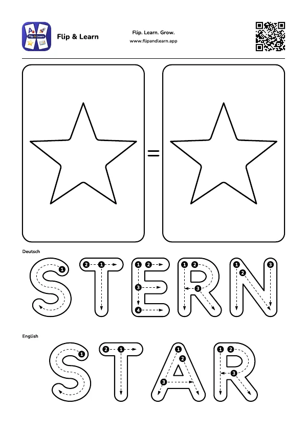 Ausmalbild Stern mit Schreibübung für STERN und STAR