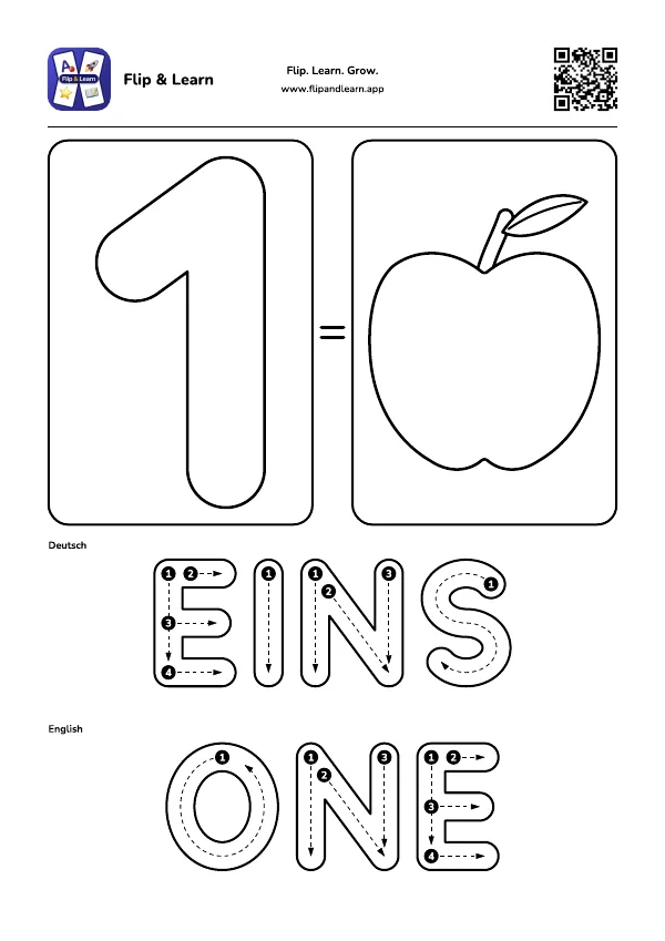 Ausmalbild Eins mit Schreibübung für EINS und ONE