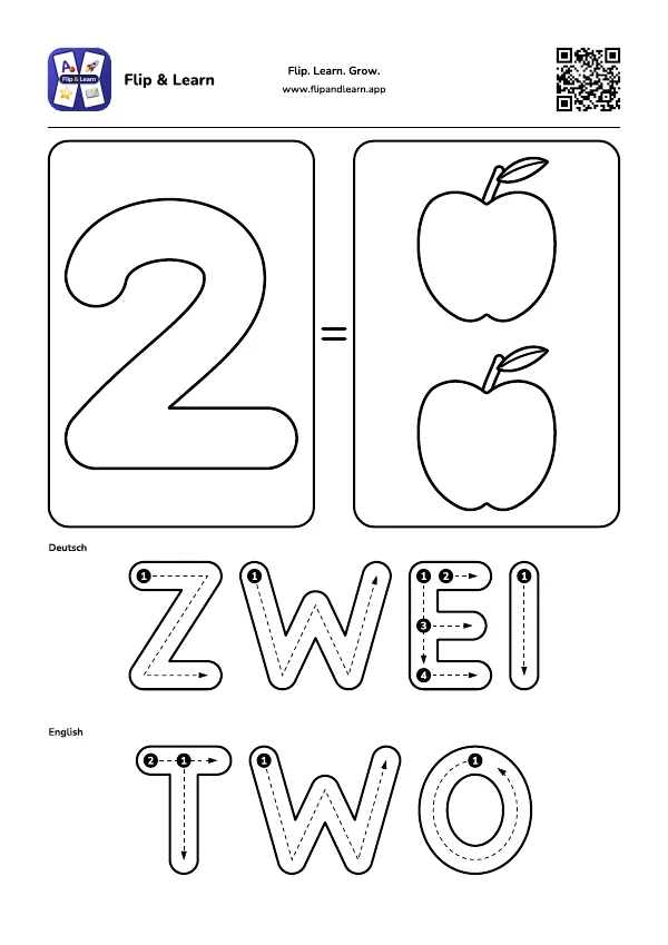 Ausmalbild Zwei mit Schreibübung für ZWEI und TWO