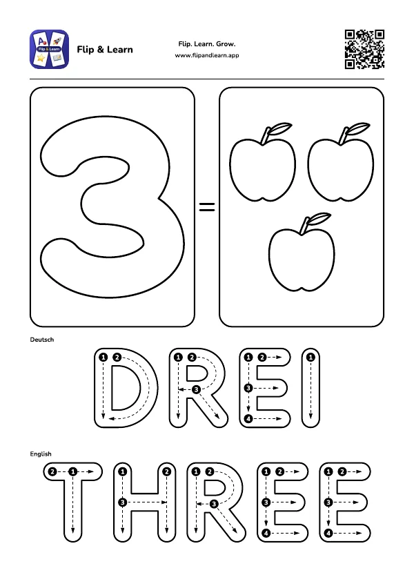 Ausmalbild Drei mit Schreibübung für DREI und THREE