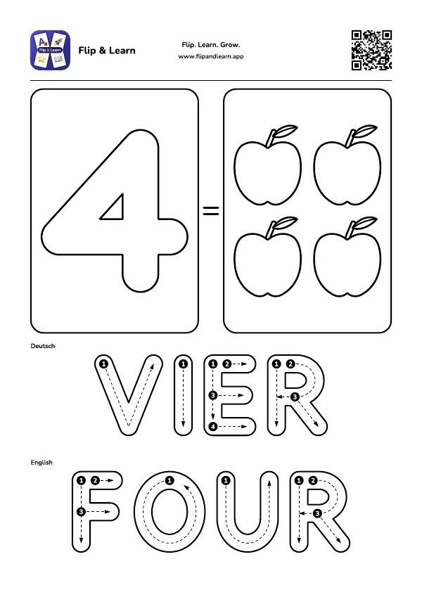 Ausmalbild Vier mit Schreibübung für VIER und FOUR