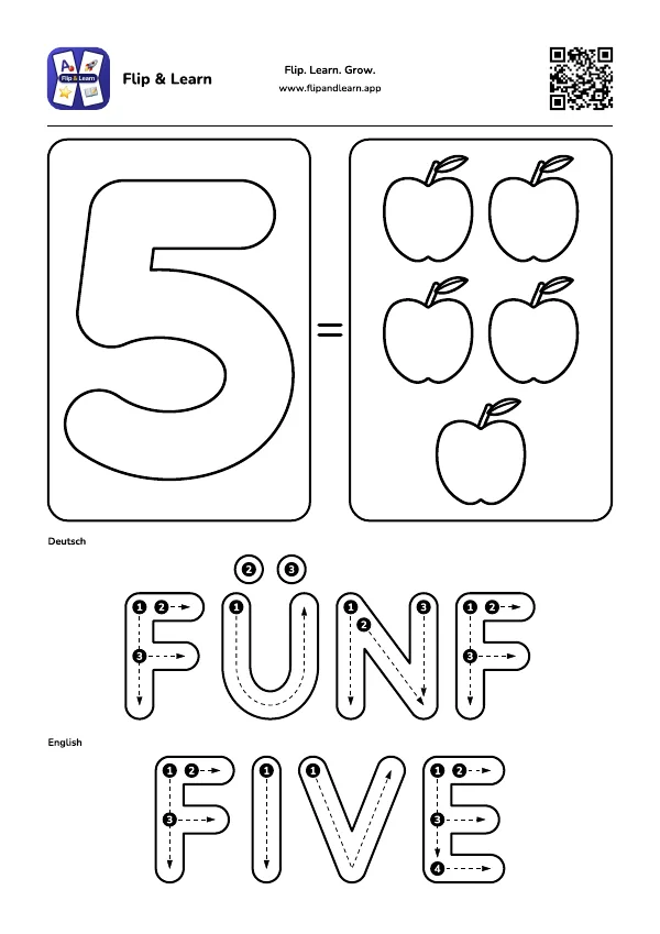 Ausmalbild Fünf mit Schreibübung für FÜNF und FIVE