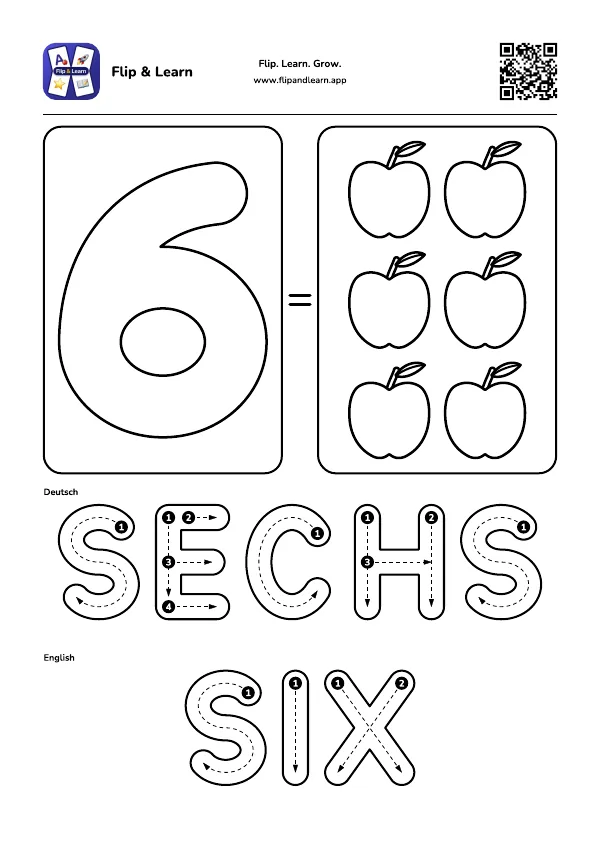 Ausmalbild Sechs mit Schreibübung für SECHS und SIX