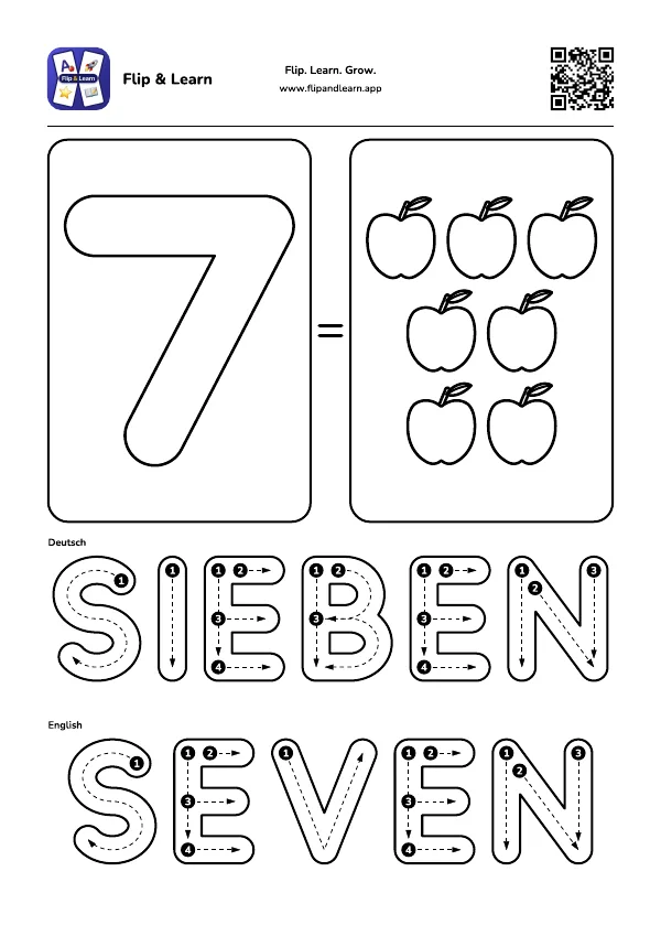 Ausmalbild Sieben mit Schreibübung für SIEBEN und SEVEN