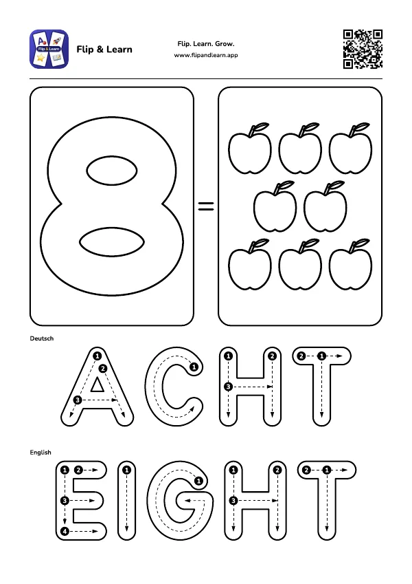 Ausmalbild Acht mit Schreibübung für ACHT und EIGHT