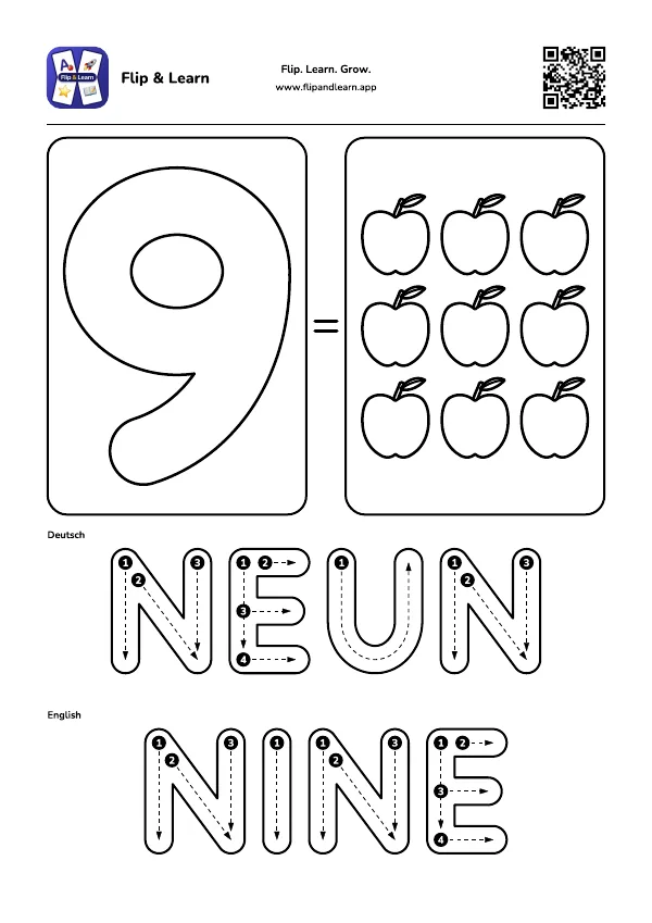 Ausmalbild Neun mit Schreibübung für NEUN und NINE